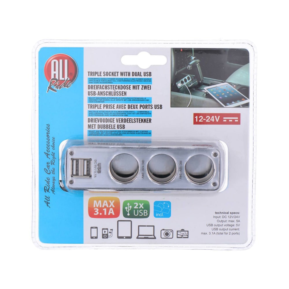 Distribuitor de brichetă auto cu 3 ieșiri și 2 porturi USB
