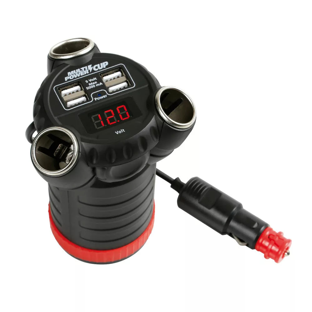 Distribuitor pentru brichetă auto cu 3 prize, cu voltmetru și 4 porturi USB pentru suport de pahare