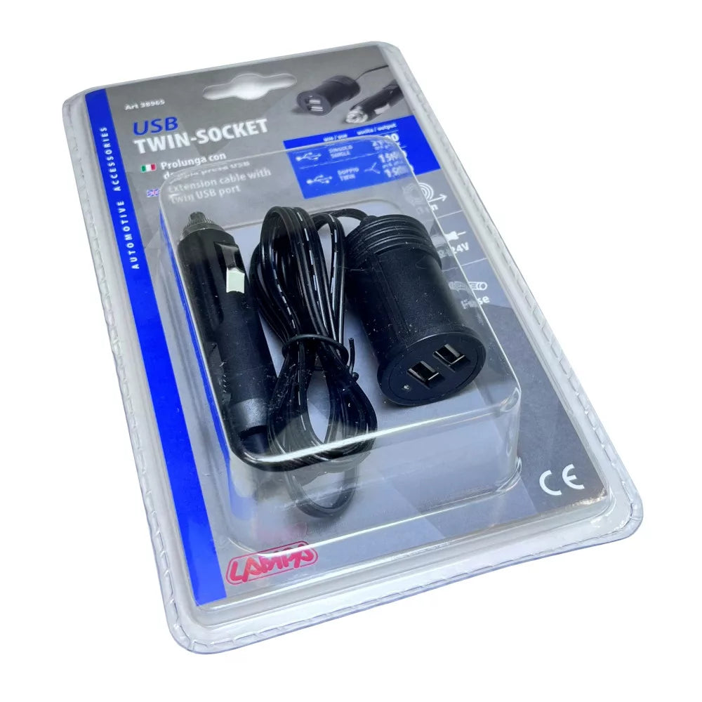 Prelungitor brichetă auto USB încărcător - 2 porturi 1m 3000mA 