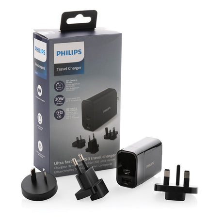 Încărcător universal rapid, adaptor călătorie pt. 3 tipuri de priză cu port USB C și A, Philips, 30W