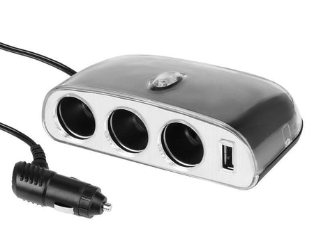 Distribuitor pentru brichetă auto cu 3 ieșiri și priză USB 
