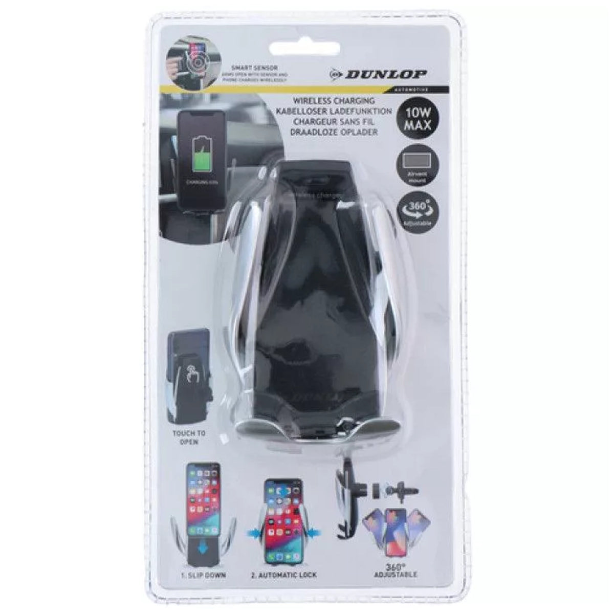 Suport auto telefon, încărcător wireless, grilă ventilație, Dunlop, 10W